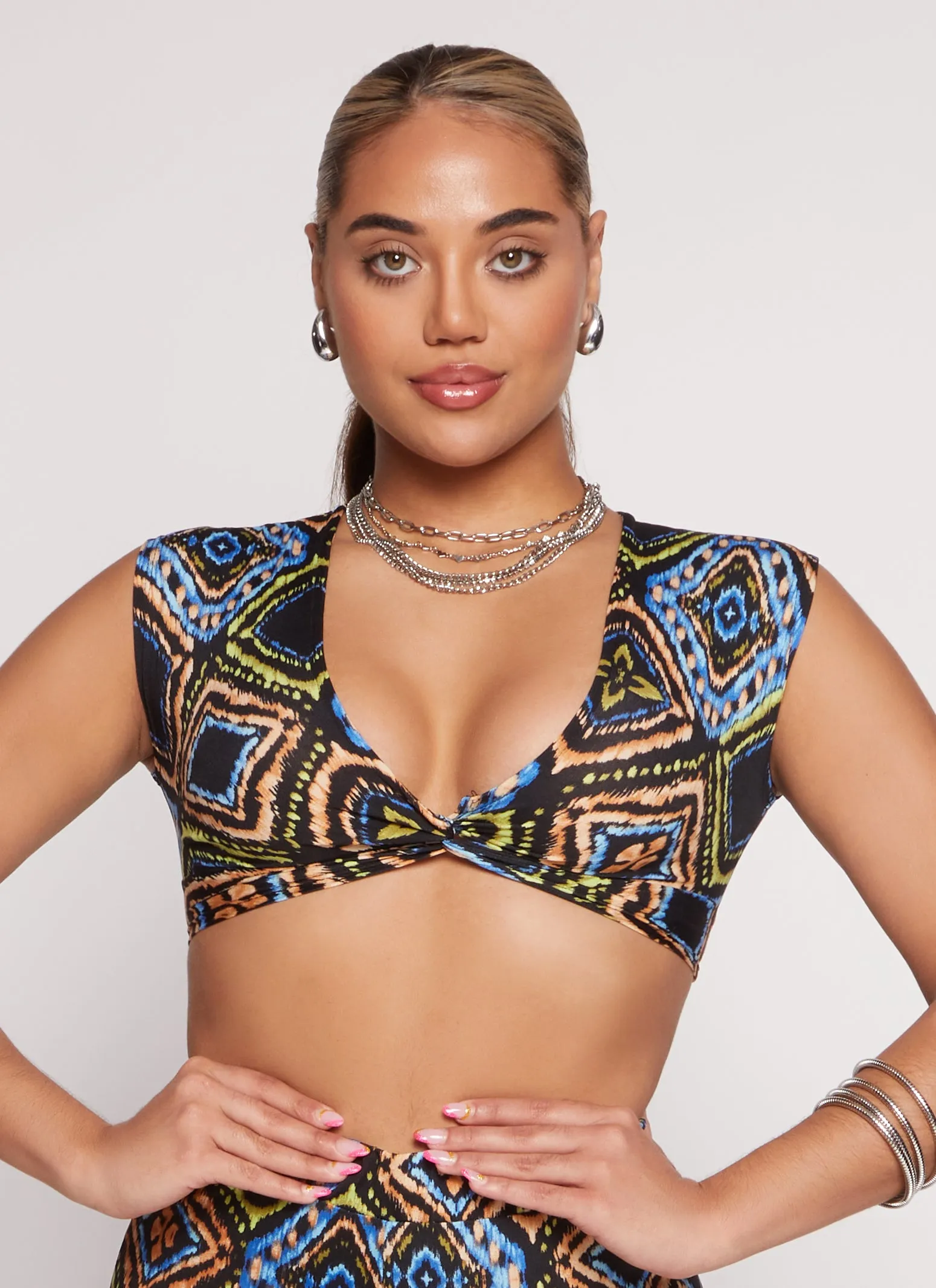 Aztec Print Twist Front Crop Top