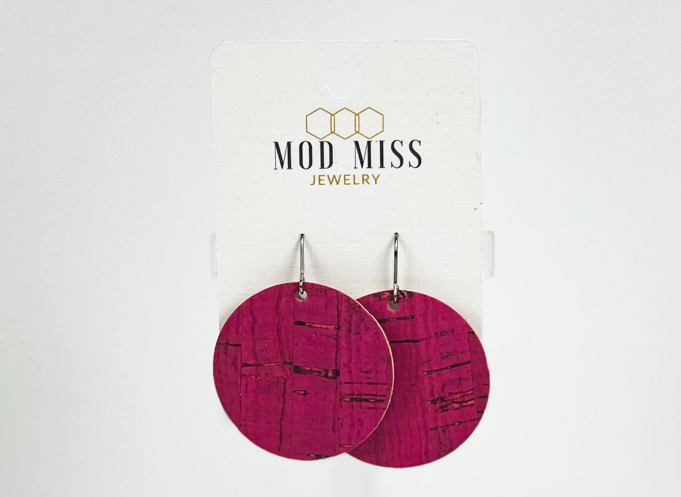 Cork Leather Round Earring Hot Pink