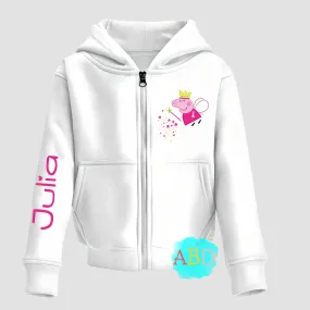 Girls Personalised Peppa Pig White Zip-up Hoodie Printed on Left Breast and Arm