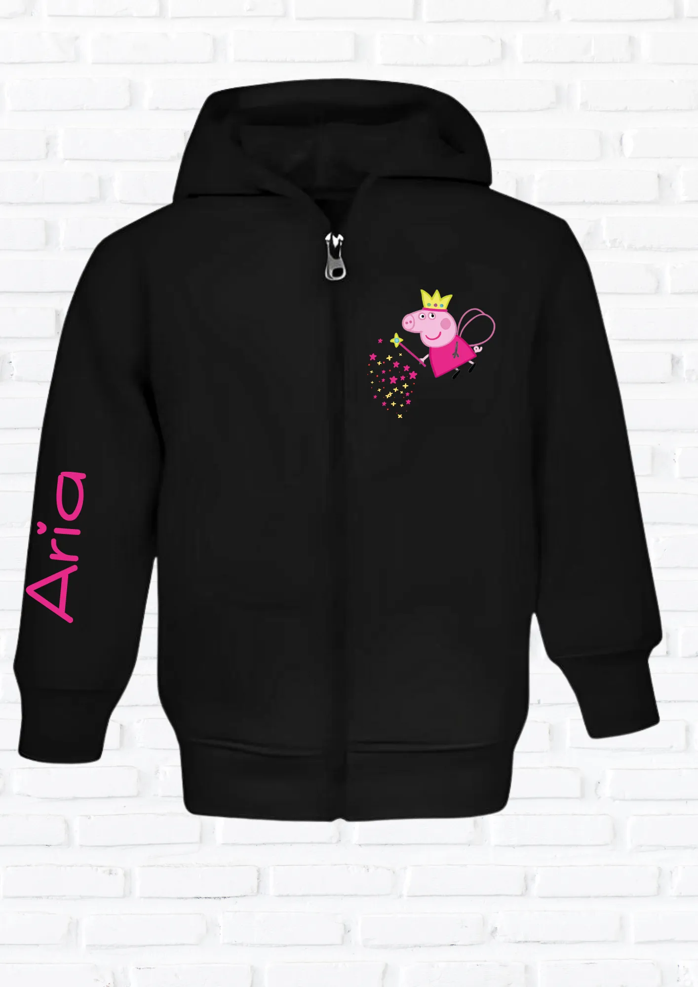 Girls Personalised Peppa Pig White Zip-up Hoodie Printed on Left Breast and Arm