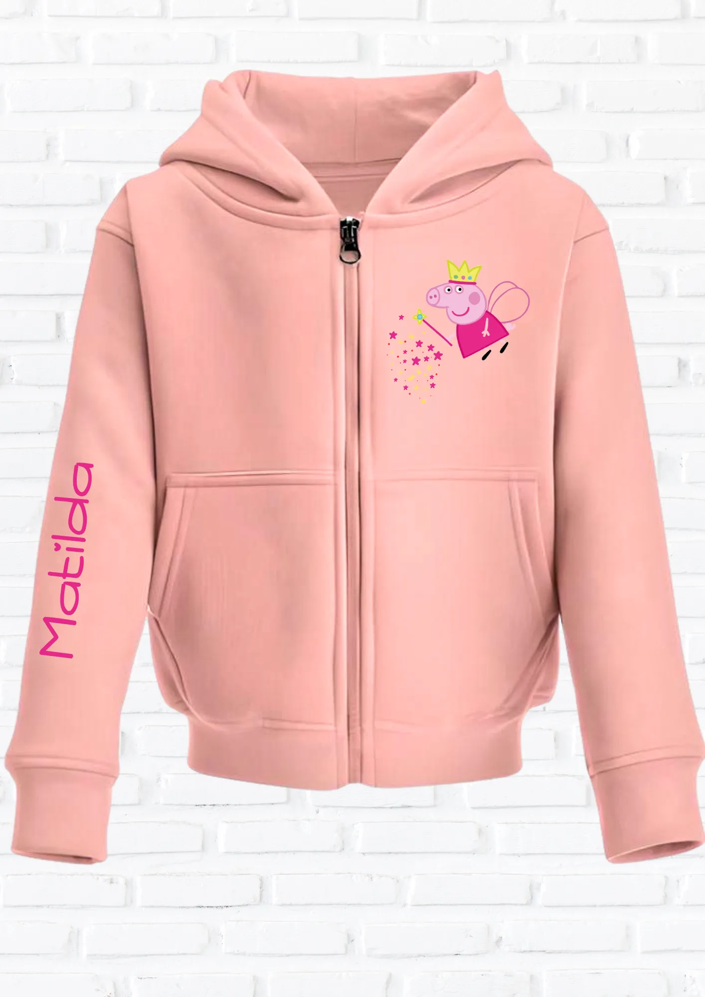 Girls Personalised Peppa Pig White Zip-up Hoodie Printed on Left Breast and Arm