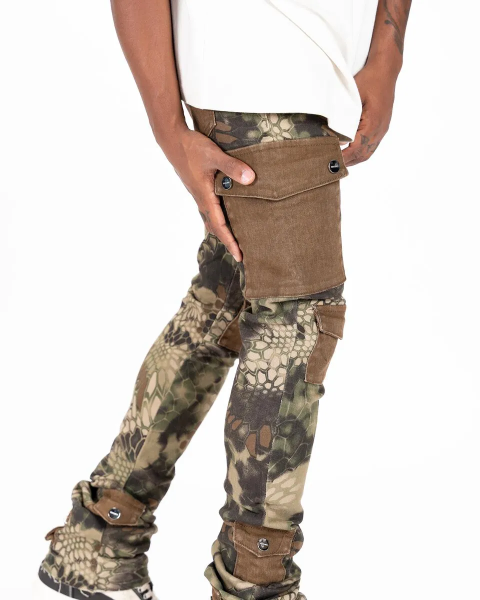 Pheelings MY PLEASURE CARGO FLARE STACK DENIM (CAMO/BROWN)